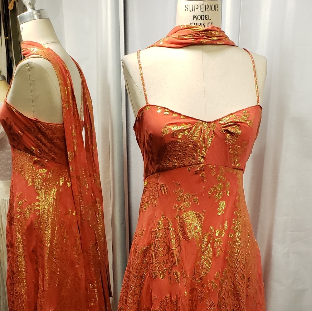 Diane Von Furstenberg Gold and Red Midi Dress